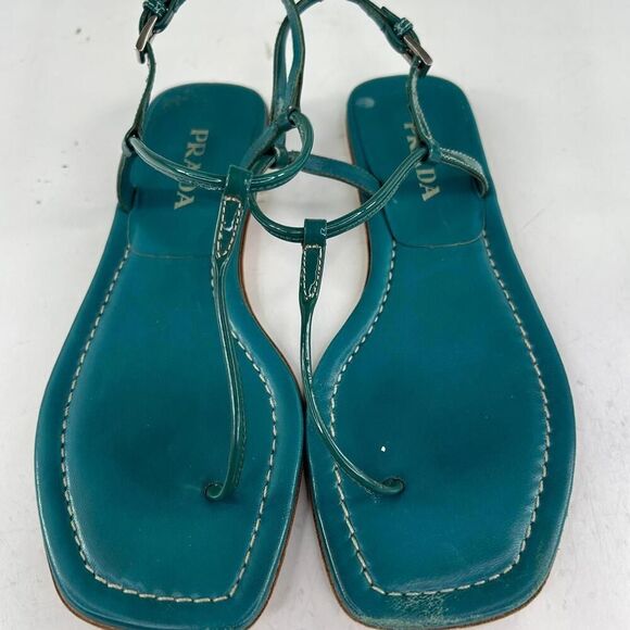 Prada Womens T-Strap Thong Sandals US 5 Turquoise Blue Flat Shoes Ankle Strap - Picture 8 of 11
